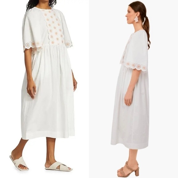 SEE BY CHLOE Floral Eyelet Embroidered Puff Short Sleeve Scalloped Midi Dress 6 - Picture 6 of 16